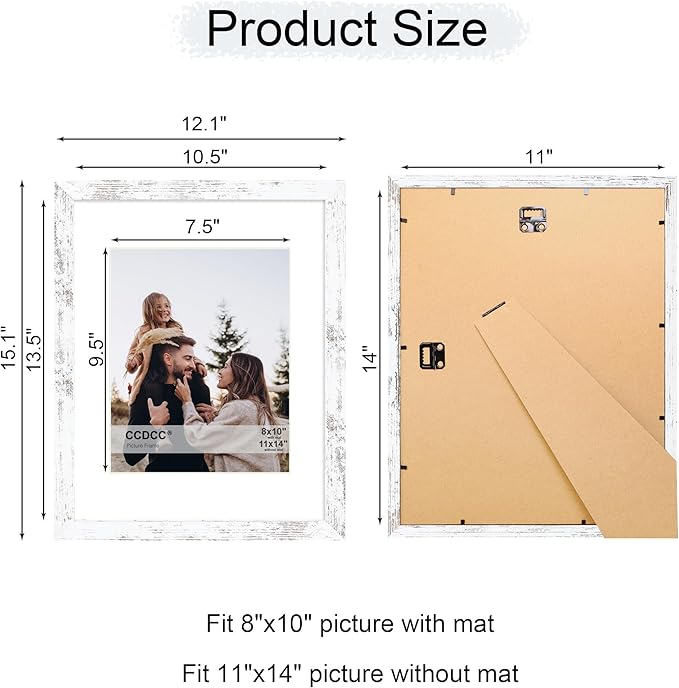 11x14 Picture Frame Set of 4, 11 x 14 Wood Photo Frames with Mat for 8x10, Rustic Natural Wooden Frame with Real Glass Cover for Wall and Tabletop Display,Distressed White-Ruum Studio Home