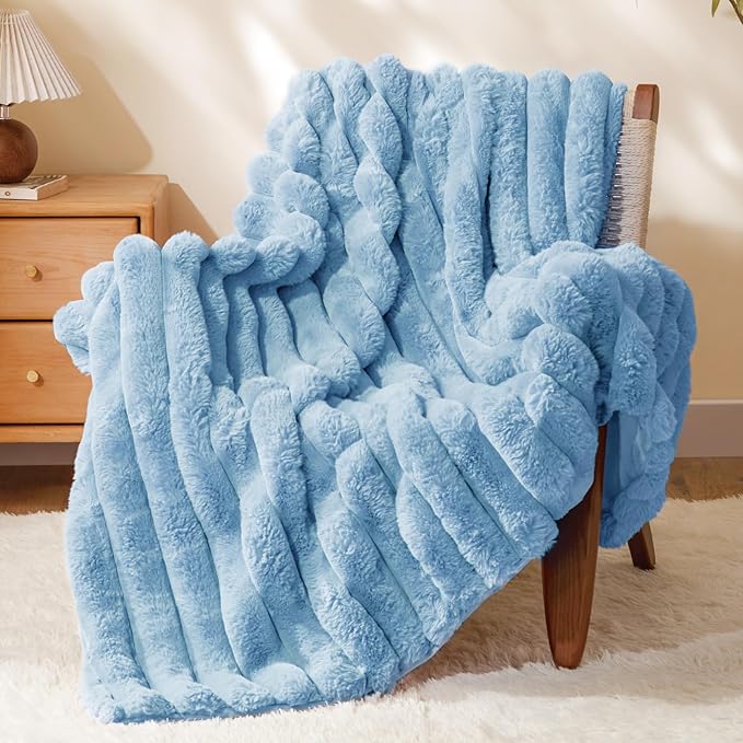 BEDELITE Faux Rabbit Fur Blanket, Luxurious 3D Striped Spring Blanket for Decor & Gift, Soft and Warm Plush Fluffy Faux Fur Throw Blanket All Seasons Suitable, (Light Blue, 60"x 80")-Ruum Studio Home