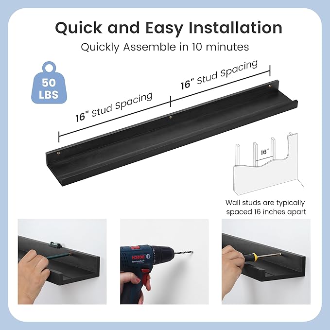 Picture Ledge Wall Shelves - 36 Inch Width Set of 3, Solid Pine Wood Rustic Floating Ledge Shelves for Kids' Room, Bedroom, Kitchen, Bathroom, Living Room, Nursery Display Wall Decor, Black-Ruum Studio Home