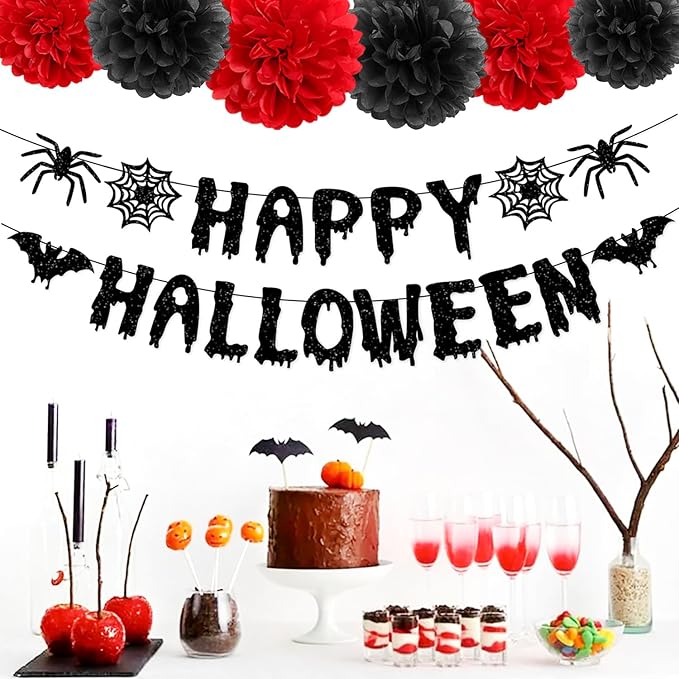 Red Black Happy-Halloween Party Decorations - 13PCS Spider Web Bats Streamers Banner ,Paper Flowers Lanterns Tissue Pom Poms Fans, Classroom Birthday Bachelorette Hanging Supplies Decor Hugfond-Ruum Studio Home