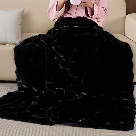 Faux Fur Black Thick Soft Throw Blanket 60X80 for Bed Couch Gift Office Chair Bunny Faux Rabbit Fur Blanket Decorative Warm Throw Blanket 860 GSM-Ruum Studio Home