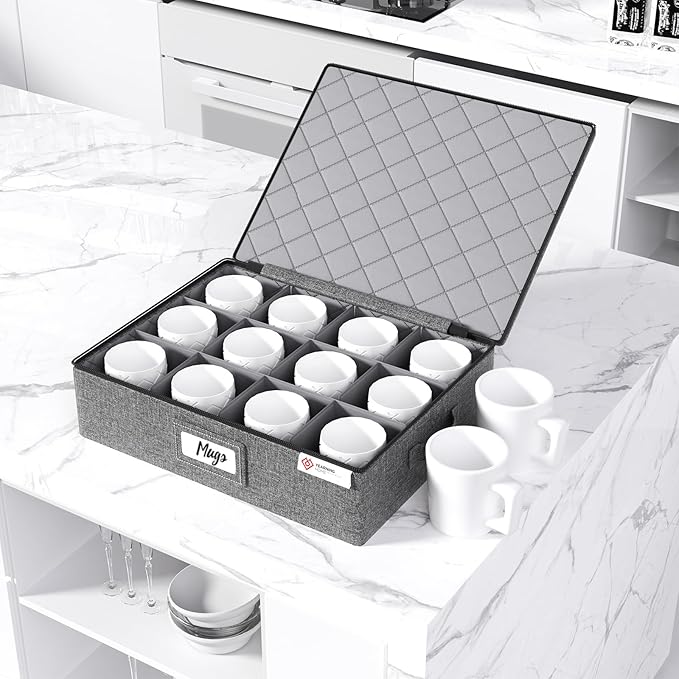 YearningHome Cup and Mug Storage Box with Hard Shell and Dividers for Coffee Mugs,Tea Cups and Glasses,Stackable Storage Organizers with Lid,Handles,Zips and Lable for Moving,Holds 12,2 Pack, Grey-Ruum Studio Home