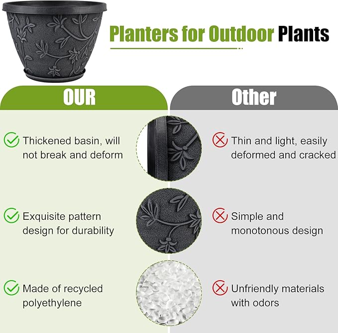 4 Pack 8 Inch Flower Pots for Outdoor Indoor, Plastic Plant Pots with Drainage Hole & Saucer, Lightweight Small Resin Flower Pot, Imitation Magnolia Pots for Garden House planters（Gray）-Ruum Studio Home