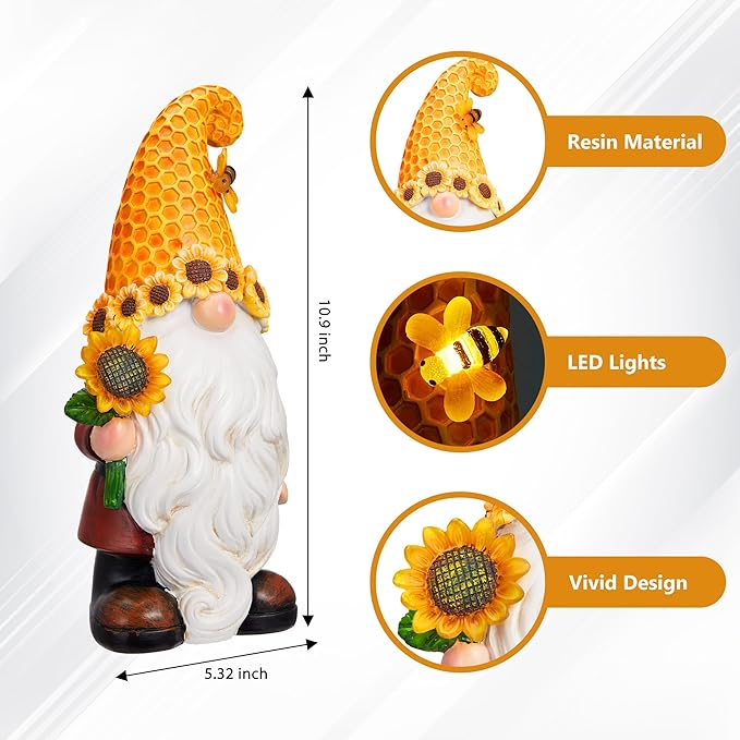 Garden Gnomes Outdoor - Sunflower Gnome Statue with Solar LED Lights for Yard, Patio, Lawn Ornaments - Best Garden Gifts for Mothers Day, Housewarming, Festival-Ruum Studio Home