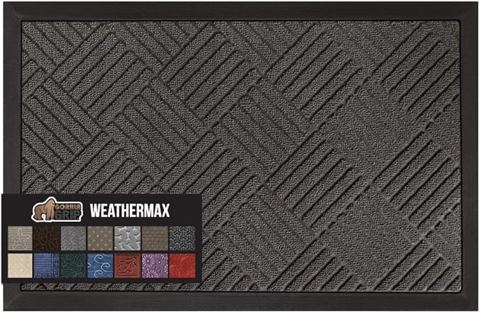 GORILLA GRIP 100% Waterproof All-Season WeatherMax Doormat, 60x24, US Designed Natural Rubber, Stain and Fade Resistant, Low Profile Indoor Outdoor Door Mats, Easy Clean Patio Mat, Gray Diamond-Ruum Studio Home