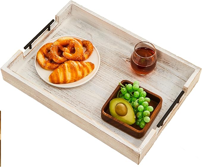 Ottoman Tray Large Serving Trays Farmhouse Decor Wooden Coffee Table Platter with Handles White Tray for Bed Kitchen Living Room 19 * 14Inch-Ruum Studio Home