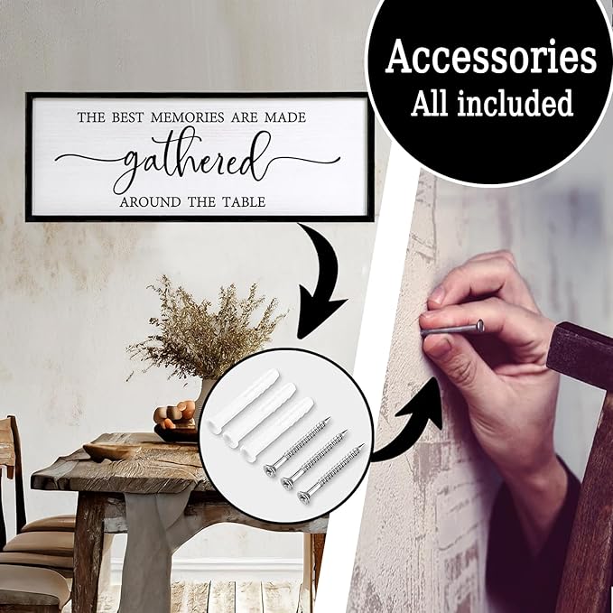 The Best Memories are Made Gathered Around The Table Sign Framed Wall Art, 32''×12'' Rustic Horizontal Plaque with Black Frame for Dinning Living Room, Farmhouse Long Home Family Wood Sign Wall Decor-Ruum Studio Home