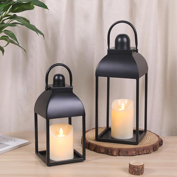 Lanterns Decorative Indoor Outdoor 15" 11" Set of 2 Lantern Decor Black Metal Candle Lanterns with Flameless Candles, Outdoor Lanterns for Porch Patio Wedding Mantle Home Decor-Ruum Studio Home