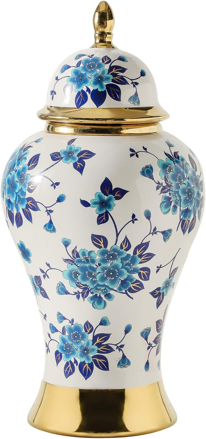 Ginger Jars for Home Decor, White and Gold Vase, Porcelain Ginger Jar Chinoiserie Blue and White Vase with Gold Trim and Floral Pattern, Ceramic Flower Vase for Home, Temple and Storage Jars(18in)-Ruum Studio Home