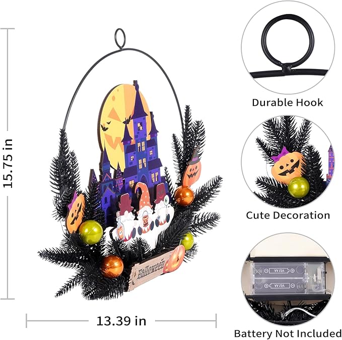 Lighted Halloween Wreaths for Front Door, Welcome Metal Wooden Door Wreath Decor Hanging Sign, 30 LED Lighted Wall Decor Battery Operated for Halloween Indoor Outdoor (Dwarf)-Ruum Studio Home