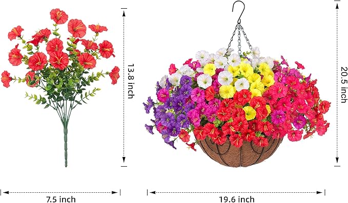 Artificial Faux Hanging Flowers Plants Basket for Outdoors, Silk Morning Glory with Eucalyptus in Planter Look Real UV Resistant Fake Flowers for Porch Outside Patio Balcony Yard Indoor Summer Decor-Ruum Studio Home