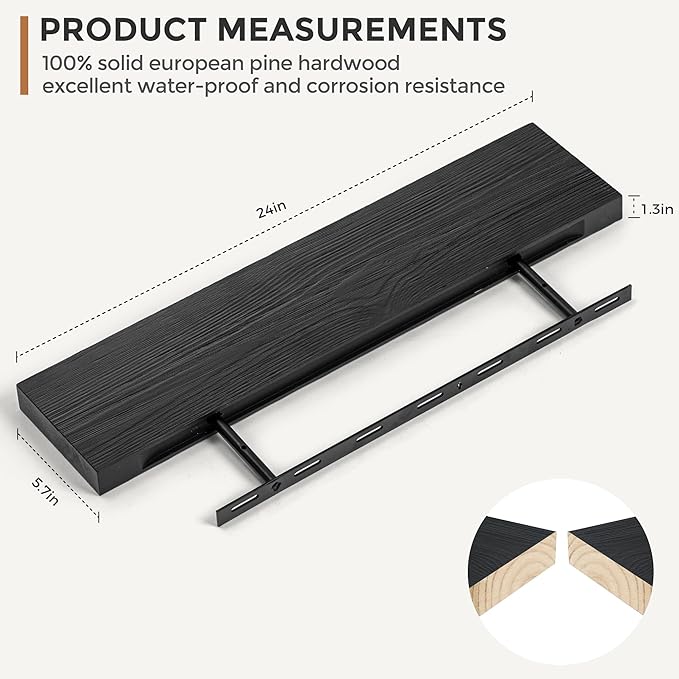 Fun Memories Handcrafted European Pine Floating Shelves - Natural Rustic Wooden Wall Shelf Set of 2-24 Inch Storage Shelf Display Shelf for Kitchen Bathroom Living Room Bedroom Farmhouse - Black-Ruum Studio Home