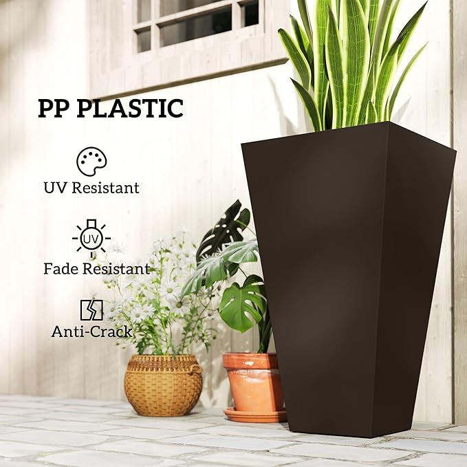 Outsunny Tall Planters for Outdoor Plants Set of 3, 28 in Taper Planters with Drainage Holes, Indoor Grande Plant Pots, Front Porch Decor, Brown-Ruum Studio Home