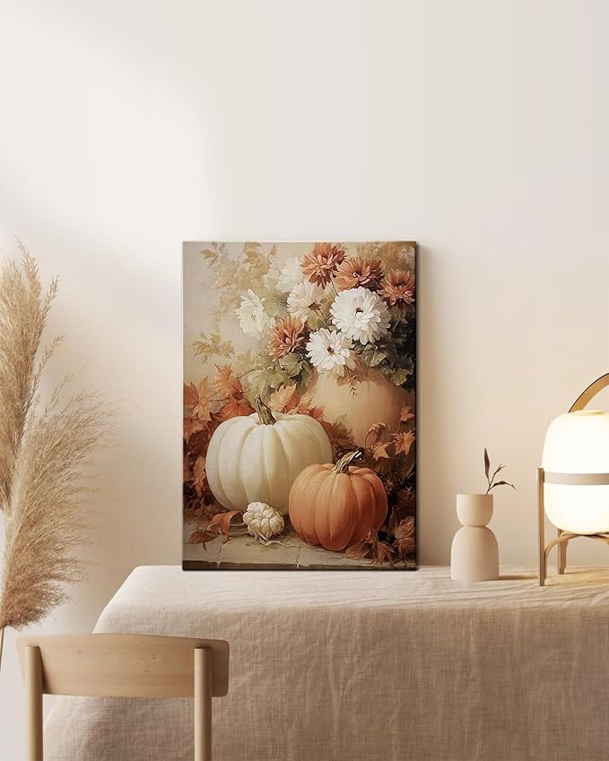 AbcCustomize Fall Wall Art Pumpkin Floral Print, Vintage Thanksgiving Decorations Canvas for Autumn Decor, Rustic Daisy Farmhouse Wall Art Decor for Bedroom Living Room Kitchen, Ready to Hang-Ruum Studio Home