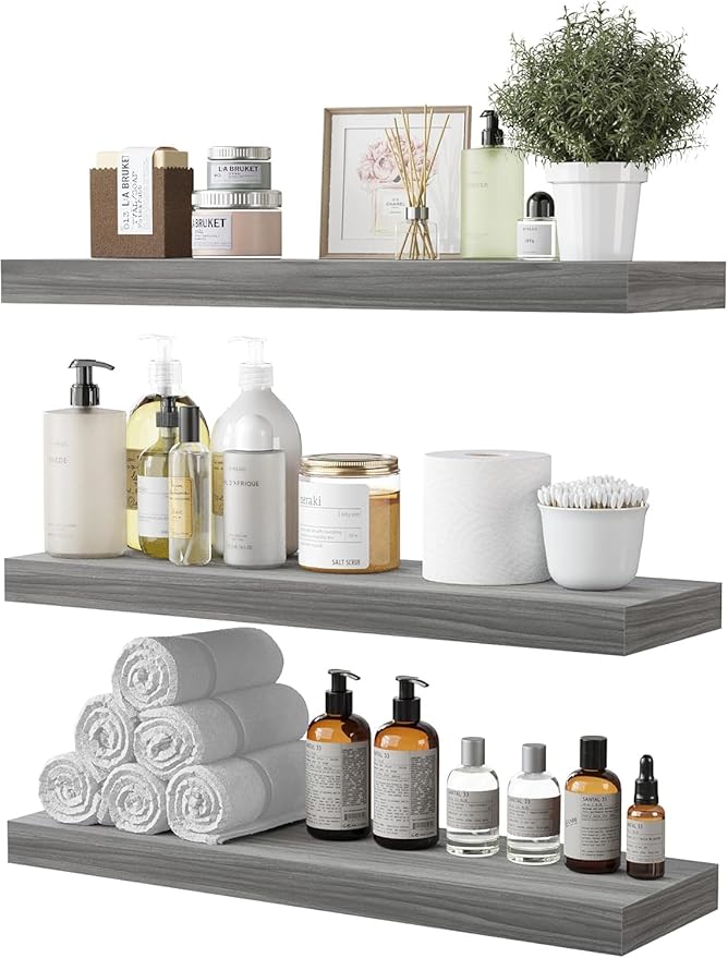 BAMEOS Floating Shelf,Wall Shelf,Decor Wall Mounted Shelves,Hanging Shelf Set of 3,L24xW6 for Bathroom Kitchen Living,Kitchen,Room Bedroom Storage,Walnut-Ruum Studio Home