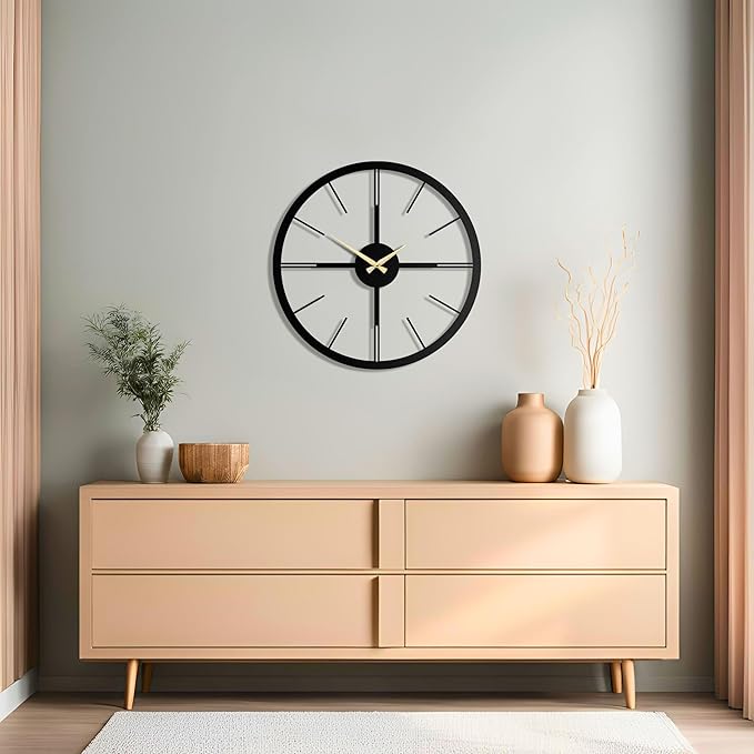 pluviart Rain Minimalist Metal Wall Clock, Modern Black Metal Wall Clock, Silent Non-Ticking Decorative Clock for Living Room, Kitchen, Office, Industrial-Style Wall Decor, Easy to Hang (19,3")-Ruum Studio Home