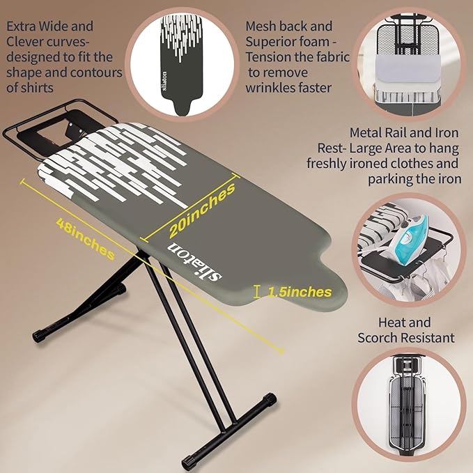 Extra Large Ironing Board with Large Hang Rail and Iron Rest in 63" L x 20" W (with Iron Rest)-Ruum Studio Home