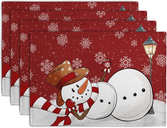 Red Snowman Snowflake Christmas Placemats Set of 4 Seasonal Winter Linen Table Mats 12x18 Inch Xmas Holiday Snow Farmhouse Rustic Washable Place Mat for Party Kitchen Dining Outdoor Indoor Decor-Ruum Studio Home