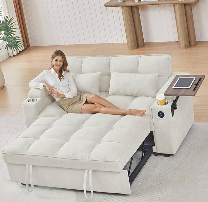 65''Convertible Sleeper Sofa Bed,3-in-1 Pull Out Couch Bed with 360 Degree rotatable Side Table and USB Ports for Living Room,RV (07beige)-Ruum Studio Home