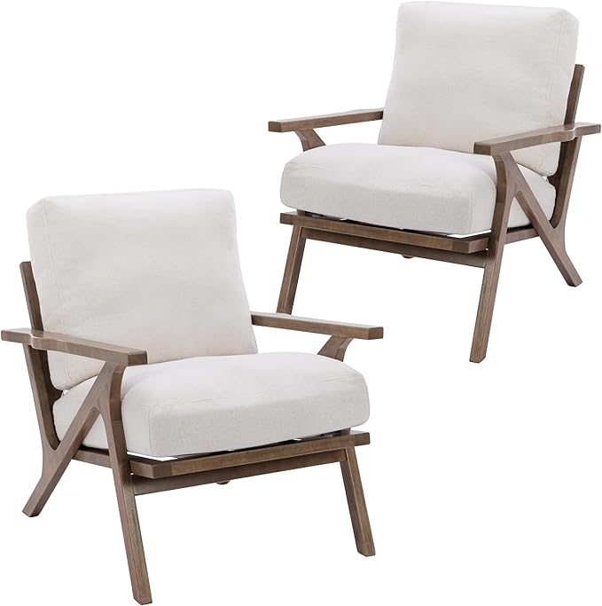 Wahson Set of 2 Mid Century Chair, Upholstered Accent Armchairs, with Wood Frame and Linen Cushions, Leisure Slipper Chair for Living Room/Bedroom, Cream-Ruum Studio Home