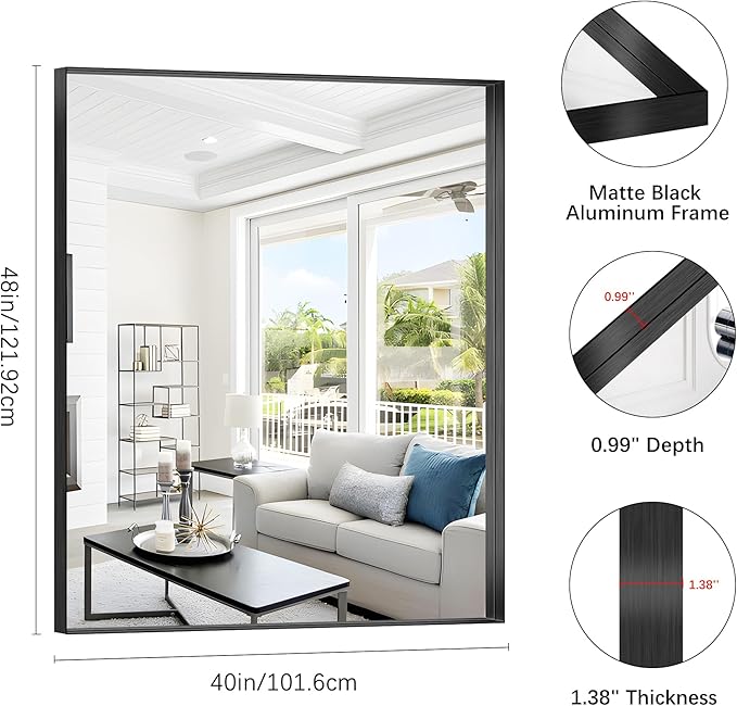 Black Bathroom Mirror, 40x48 Inch Rectangular Framed Mirror, Large Wall Mounted Bathroom Vanity Mirror Over Sink for Bedroom,Restroom, Living Room, Hangs Vertically or Horizontally-Ruum Studio Home