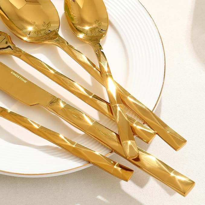 KINGSTONE Gold Silverware Set, Luxury 20 Piece Flatware Set for 4, 18/10 Stainless Steel Cutlery Set with Diamond Cut Pattern for Kitchen, Home, Wedding, Party, Mirror Polished and Dishwasher Safe-Ruum Studio Home