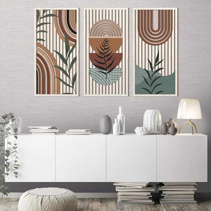 IARTTOP Large Abstract Geometric Wood Boho Wall Art Boho Wall Decor Set Mid Century Modern Wooden Wall Decor Bohemian Wall Art For Bedroom Living Room Office 16"x32"-Ruum Studio Home