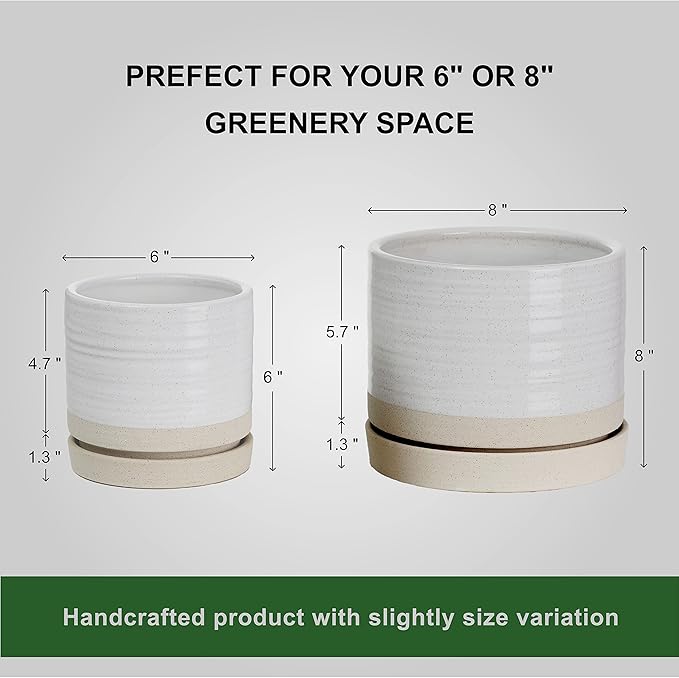 6 + 8 Inch Plant Pots, Ceramic Planter Pot with Drainage Hole & Saucer, Indoor/Outdoor Cylinder Round Planter Pot, Cream & Beige-Ruum Studio Home