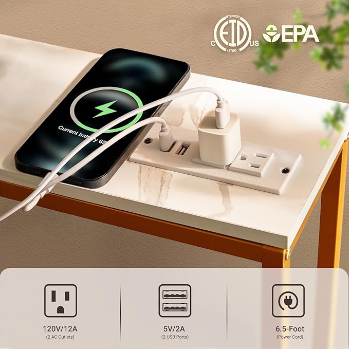 ELYKEN 2 Pack 5.9" Narrow Console Sofa Table with Power Outlets and USB Port, 5.9" Dx39.4 Wx31.1 H Marble Texture Skinny Couch Table with Golden Metal Frame-Ruum Studio Home