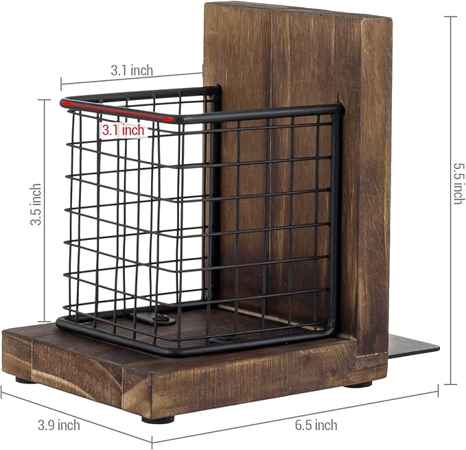 MyGift Rustic Burnt Wood Decorative Bookends for Heavy Books with Matte Black Metal Wire Basket Pencil Cup and Office Supplies Storage Baskets, 1-Pair-Ruum Studio Home