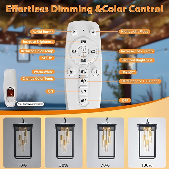 3-Color LED Outdoor Pendant Light with Remote, 3-Light 19" Large Outdoor Chandelier for Porch, Black Gold Exterior Pendant Lighting Fixtures Ceiling Mount Pendant Lantern for Patio Front Door-Ruum Studio Home