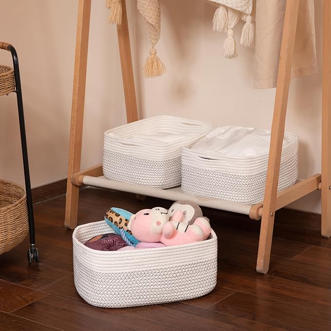 Storage Baskets for Organizing 3 Pack, Woven Baskets for Shelves, Closet Organizer Bins Empty Gift Basket Toy Storage for Toys, Books, Towels, Clothes, 15"x11.42"x6.7", White & Black-Ruum Studio Home