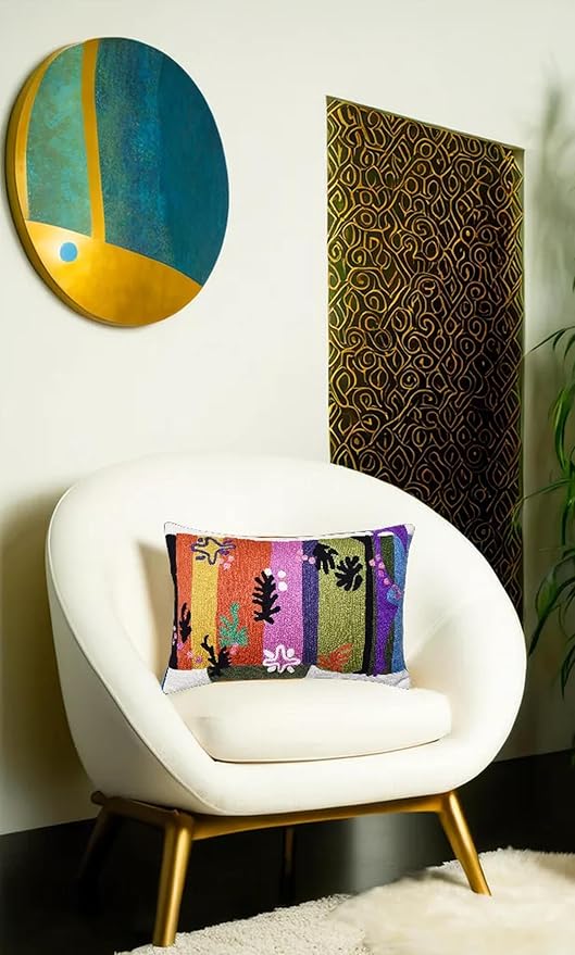 Lumbar Matisse Decorative Pillow Cover Art Nouveau Toss Pillowcase Farmhouse Chair Cushion Contemporary Pillowsham Mid-Century Couch Cushions Hand Embroidered Pillow Wool 18x18-Ruum Studio Home