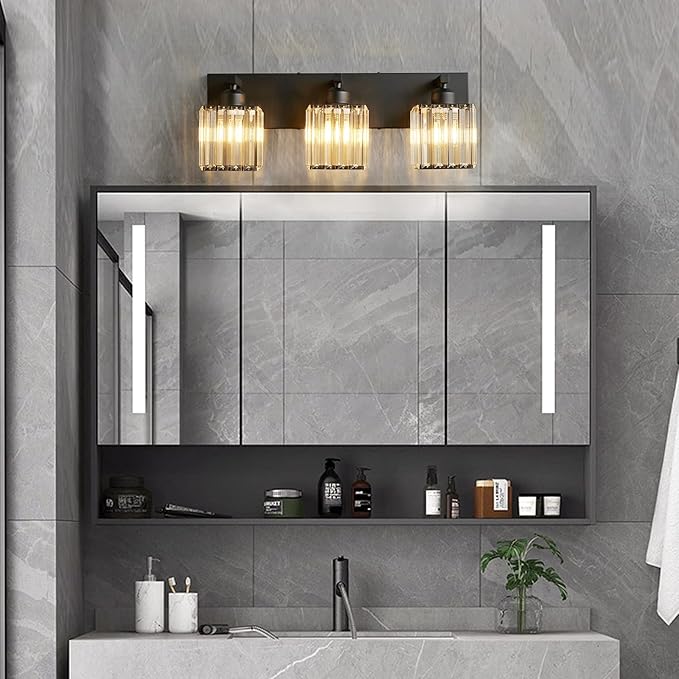 Modern Bathroom Vanity Light 3-Lights Modern Black Crystal Wall Light Bathroom Vanity Light Fixtures-Ruum Studio Home