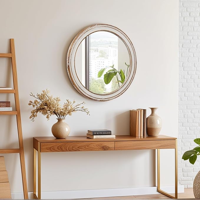 Round Bathroom Mirror for Vanity-Distressed Wood Circle Mirror, Farmhouse Entryway Mirror and Decorative Wall Mirrors for Living Room-Ruum Studio Home