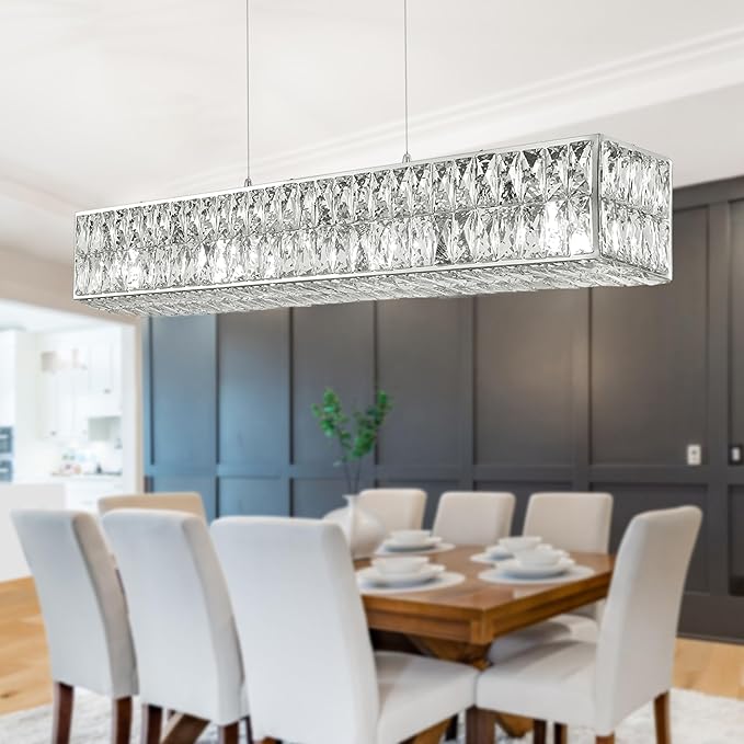 IKK Modern Rectangle Chandelier for Dining Room, Crystal Chandeliers with Stainless Steel in Chrome, Large Rectangular Pendant Light for Kitchen Island L40 x W6.7 x H6.3-Ruum Studio Home