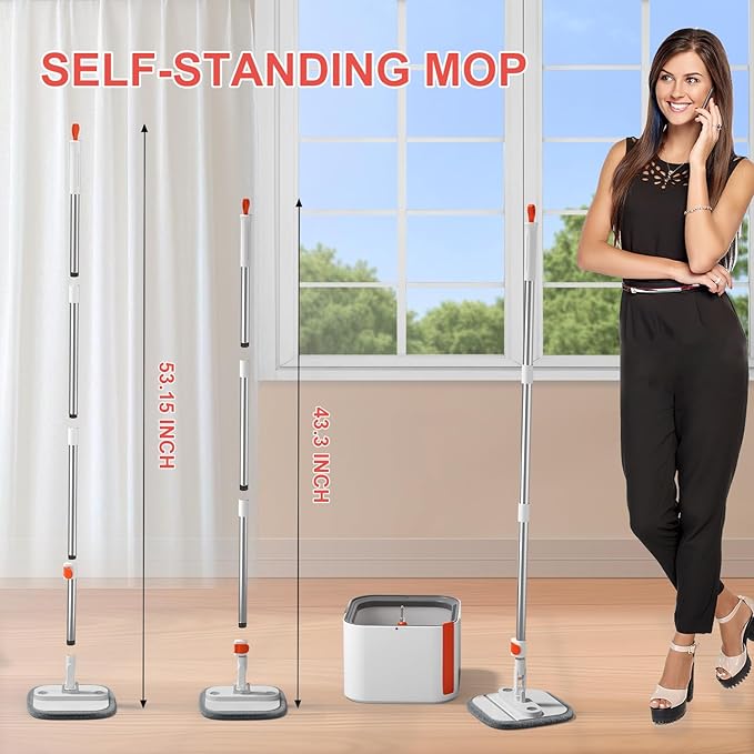 Mop and Bucket Set, Spin Mop with Self Seperates Dirty Water System, Square Mops for Floor Cleaning, 360 Rotating Foldable Standing Mop Head, Versatile Mops for Walls (Mop Bucket with 6 Pads)-Ruum Studio Home