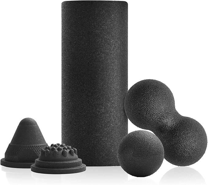 5 in 1 Foam Roller Set with Peanut Massage Ball, Curved Muscle Brush - Yoga Roller, Massage Ball, Trigger Point Triangle for Deep Tissue Relief (Black)-Ruum Studio Home