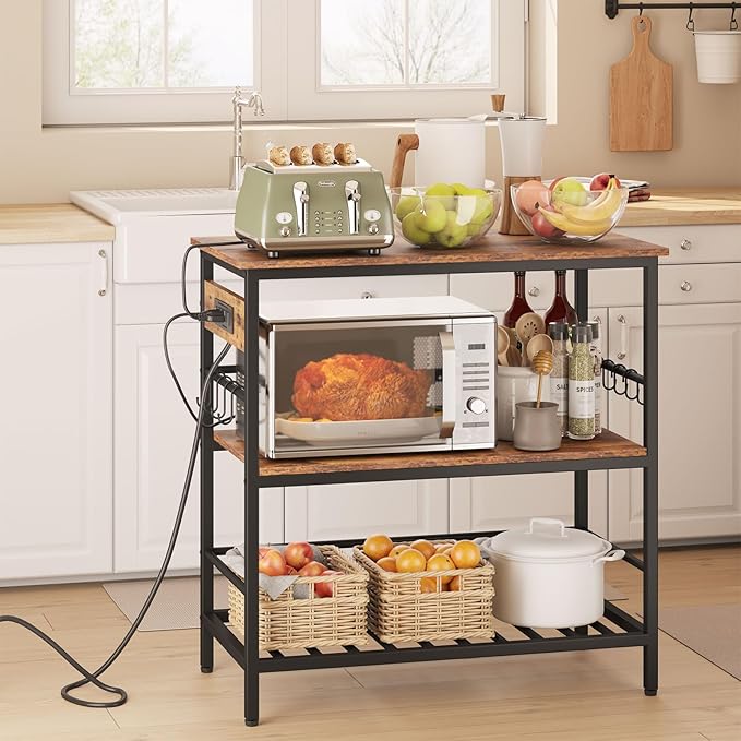 IBUYKE Kitchen Island with Storage, Bakers Rack with Power Outlet,Microwave Stand with Large Worktop,Rolling Bar Cart for Home, Outdoor, Kitchen,Rustic Brown and Black TMJ029H-Ruum Studio Home