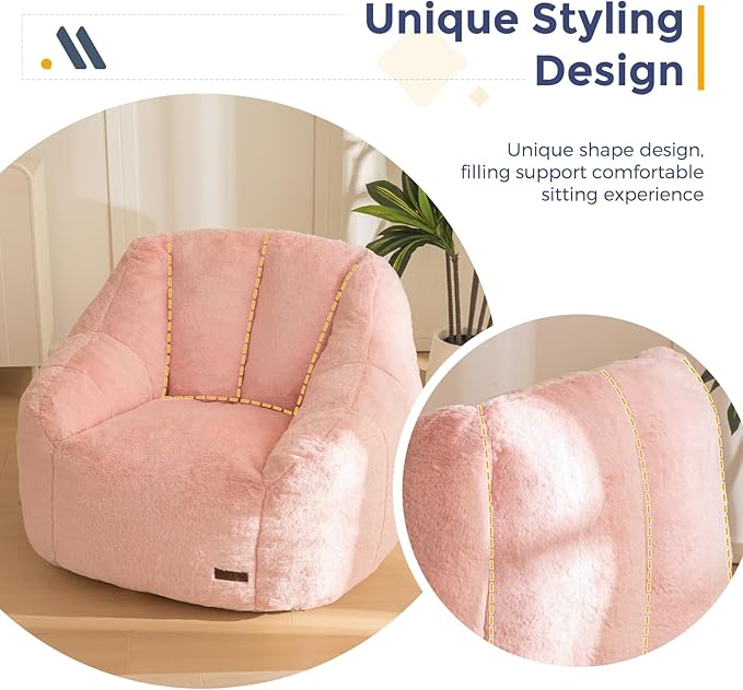 MAXYOYO Bean Bag Chair, Comfy Bean Bag Sofa with Back Support, Faux Fur Bean Bag Chair for Adults and Kids, Stuffed Floor Sofa for Living Room, Bedroom, Apartment, Pink-Ruum Studio Home