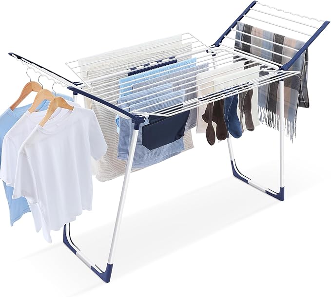 APEXCHASER Clothes Drying Rack Foldable, Drying Rack Clothing Large Space, Winged Laundry Rack with Sock Clips for Hanging Towels Clothes Dress Bedding Indoor Outdoor, White-Ruum Studio Home