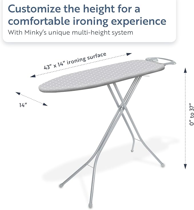Minky Homecare Classic 4-Leg Ironing Board with Iron Rest - Freestanding Full Size Iron Board for Clothes Pressing with 43" x 14" Surface - Grey Honeycomb-Ruum Studio Home