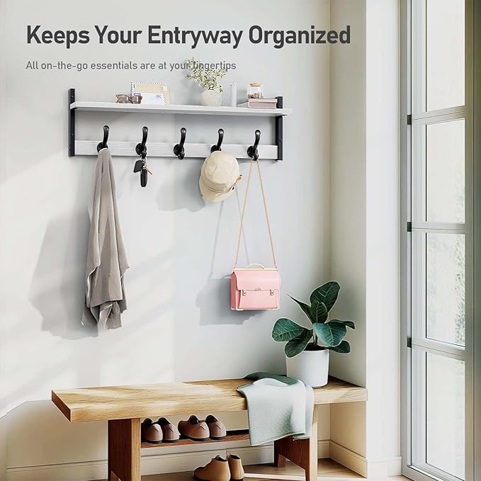 Tatub 29" Coat Rack Wall Mount with Shelf, Entryway Wall Hooks with Shelf, Coat Hangers for Bathroom, Living Room, Bedroom, Rustic White-Ruum Studio Home