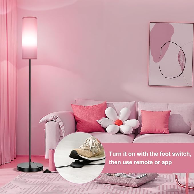 FRIDEKO HOME Pink Shade Floor Lamp with RGB Music Sync, 16 Million Colors & Stepless Dimming 2700K-6500K, 3CCT, 800LM LED Bulb with App & Remote, Modern Standing Light for Living Room, Bedroom, Office-Ruum Studio Home