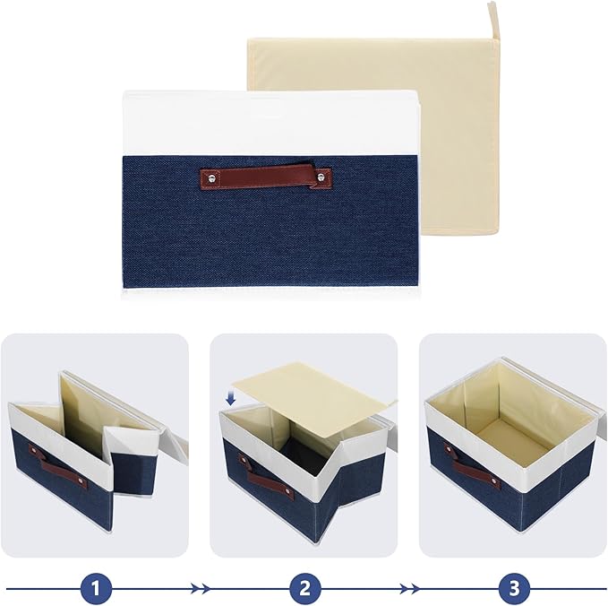 ANMINY Storage Boxes with Lids Washable Decorative Storage Bins Basket with PU Leather Handle Foldable Linen Fabric Storage Cubes Containers for Home Closet Organizer - Deep Blue White, Large Size-Ruum Studio Home