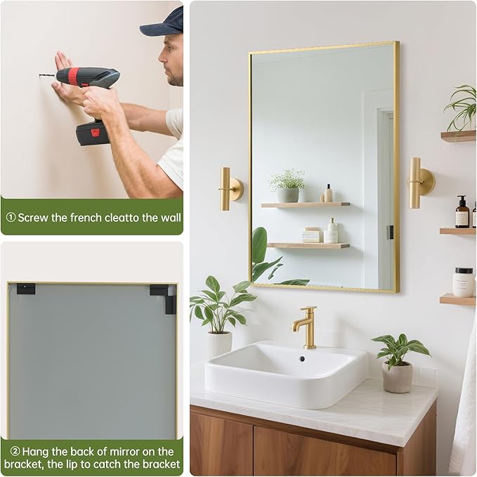 FARMER 20x30 Inch Gold Bathroom Mirror, Rectangle Wall Mounted Mirror, Vanity Mirror, Brushed Square Mirror, Framed Bathroom Mirror for Bedrooms, Entryways, Living Rooms, Horizontal/Vertical-Ruum Studio Home