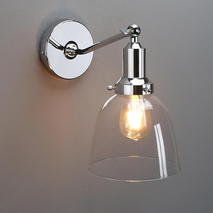 PERMO Industrial Vintage Wall Sconce Chrome Wall Sconce with 6.7" Oval Dome Clear Glass Shade Light Lamp Fixture-Ruum Studio Home