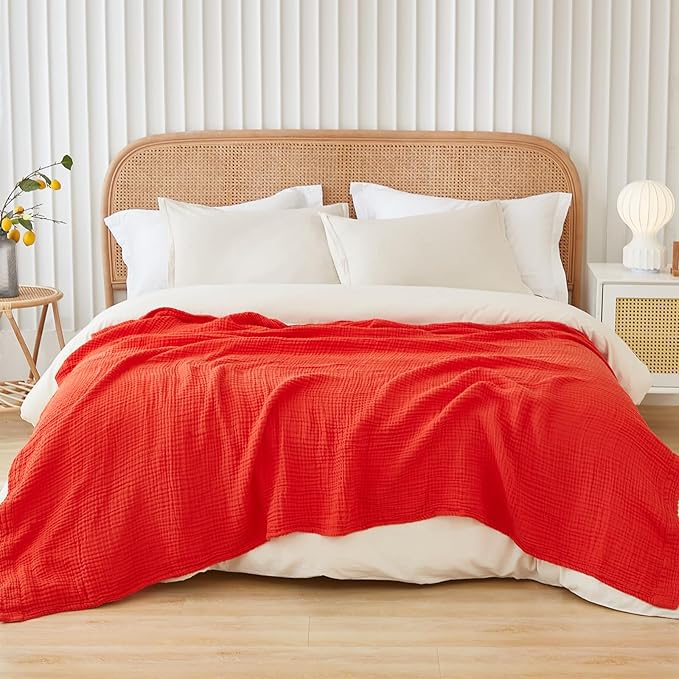 EMME Cotton Throw Blanket for Couch Soft Muslin Blankets 50"x60" Lightweight Breathable Blanket All Season Gauze Blanket, Orange Rust-Ruum Studio Home