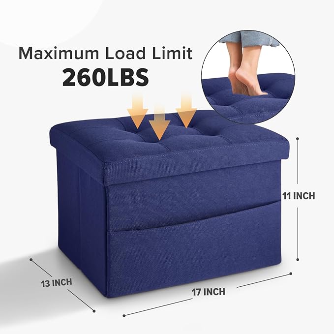 LINMAGCO Storage Ottoman Folding Foot Stool Foot Rest with Side Pocket Modern Ottoman with Storage Short Sofa Stool Linen Cloth 17x13x13(Navy)-Ruum Studio Home