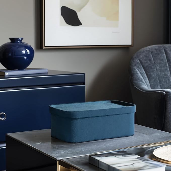 La Jolie Maison Velvet Storage Baskets with Lids, Sturdy Stackable Cardboard Boxes with Decorative Trays, Organizer Bins for Bathroom Bedroom Organizing, Prussian Blue, Set of 3-Ruum Studio Home